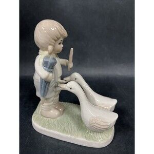Vintage Porcelain Boy Figurine w/Geese and Umbrella Collectibles 5.5” Tall